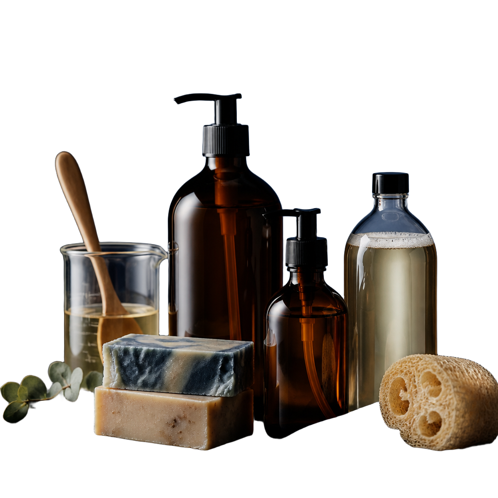 Frascos e utensílios usados na produção artesanal de produtos de limpeza